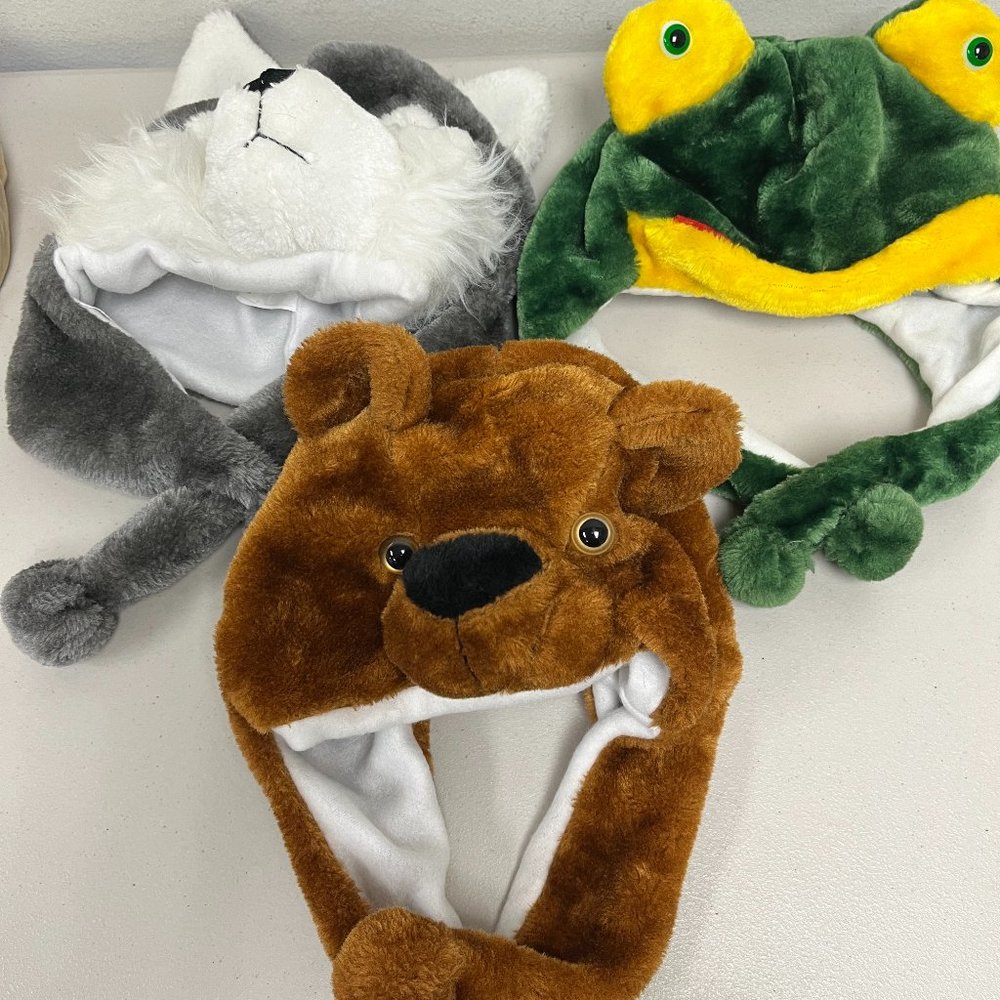 Animal hats fleece kids boy girl wolf bear frog  green gray brown costume